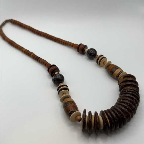 Vintage Wooden Bead Necklace Earrings Chunky Boho Ethnic Natural Wood Discs - Picture 5 of 8